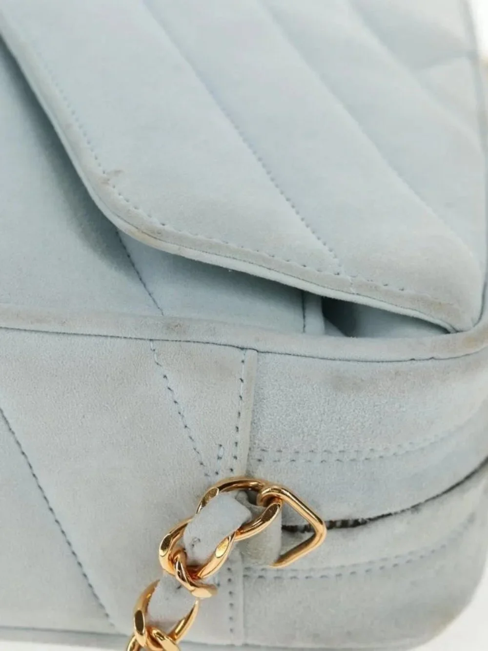 CHANEL Bias Stitch Chain Shoulder Bag Suede Light Blue Gold CC Auth 139935V
